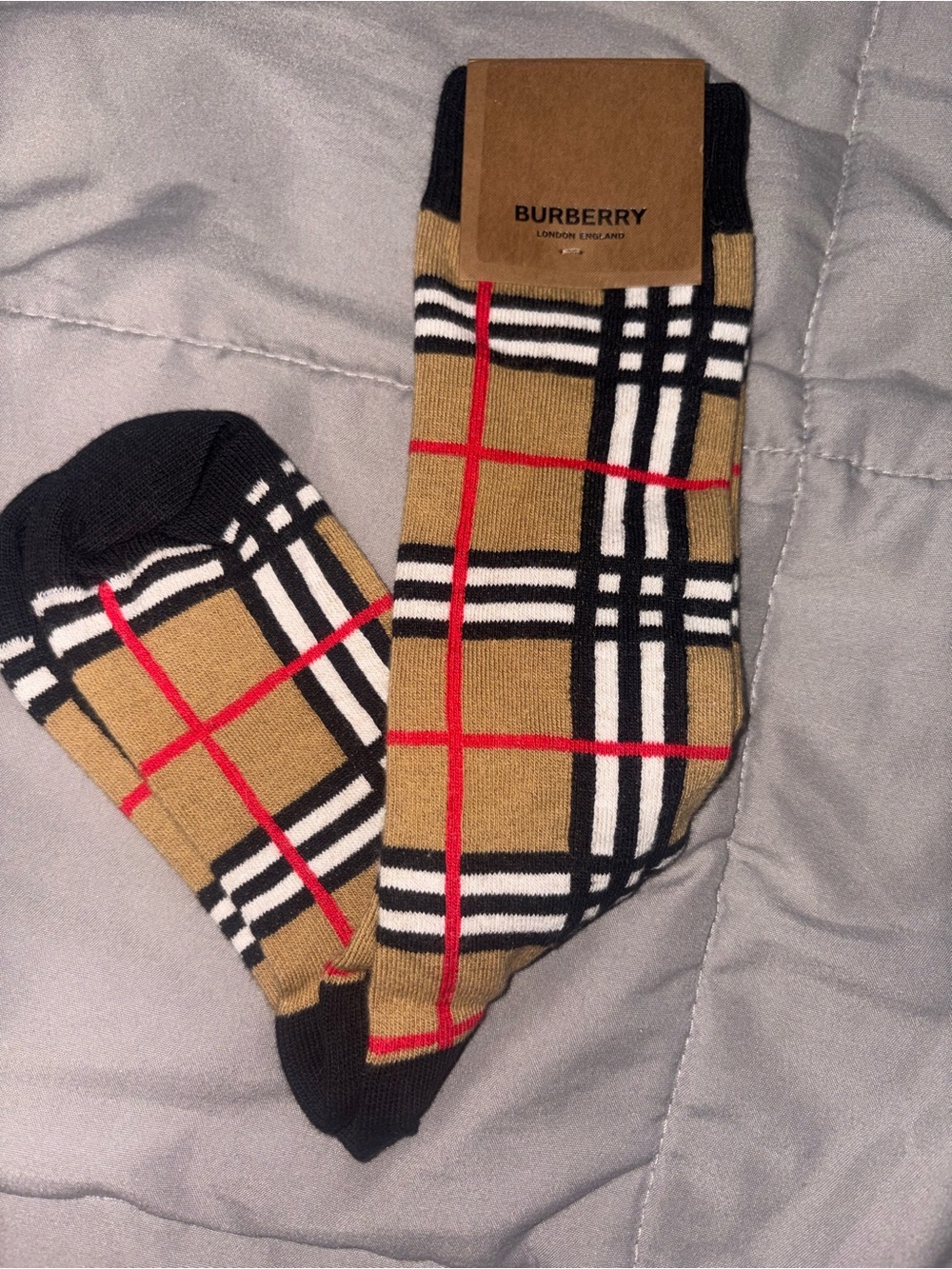 Burberry Tan Plaid Crew Socks with Black, White & Red Trim